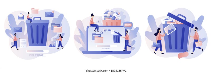 Delete concept. Tiny people deleting data and move unnecessary files to the trash bin. Modern flat cartoon style. Vector illustration on white background