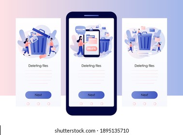 Borrar concepto. Pequeñas personas borran datos y mueven archivos innecesarios a la papelera. Plantilla de pantalla para teléfono inteligente móvil. Estilo moderno de dibujos animados planos. Ilustración del vector
