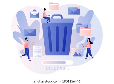 Delete Concept. Tiny People Deleting Data And Move Unnecessary Files To The Big Trash Bin. Cleaning Digital Memory. Modern Flat Cartoon Style. Vector Illustration On White Background