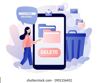 Delete concept. Tiny woman deleting data on smartphone. Move unnecessary files to the trash bin. Cleaning digital memory. Modern flat cartoon style. Vector illustration on white background