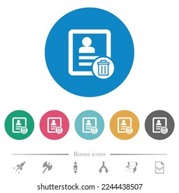 Delete contact flat white icons on round color backgrounds. 6 bonus icons included.