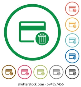 Delete credit card flat color icons in round outlines on white background