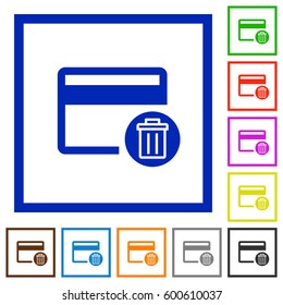 Delete credit card flat color icons in square frames on white background