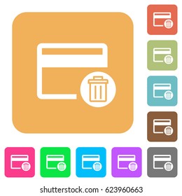 Delete credit card flat icons on rounded square vivid color backgrounds.