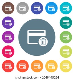 Delete credit card flat white icons on round color backgrounds. 17 background color variations are included.