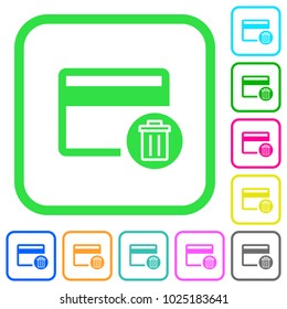 Delete credit card vivid colored flat icons in curved borders on white background