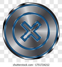 Borrar, cruzar un icono simple sobre el botón redondo de metal. Cuadrícula transparente