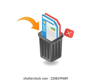 Delete data throw in trash in isometric flat illustration