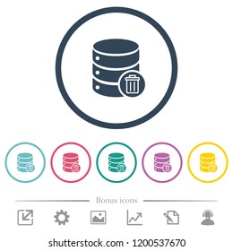 Delete from database flat color icons in round outlines. 6 bonus icons included.