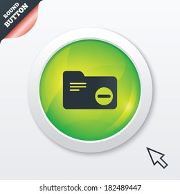 Delete document folder sign. Accounting binder symbol. Bookkeeping management. Green shiny button. Modern UI website button with mouse cursor pointer. Vector