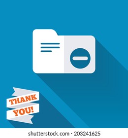 Delete document folder sign. Accounting binder symbol. Bookkeeping management. White flat icon with long shadow. Paper ribbon label with Thank you text. Vector