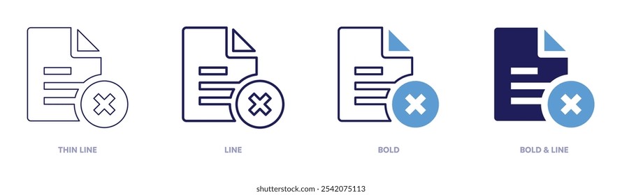 Icono de documento Borrar en 4 estilos diferentes. Línea delgada, línea, negrita y línea negrita. Estilo duotono. Trazo editable.