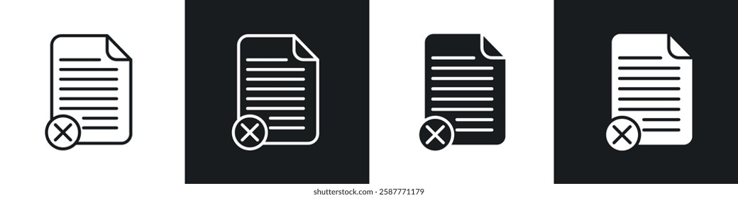 Delete Document icon set black and white colors. Graphic Vector icons pack