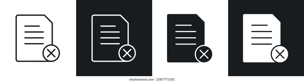 Delete Document icon set black and white colors. Graphic Vector icons pack