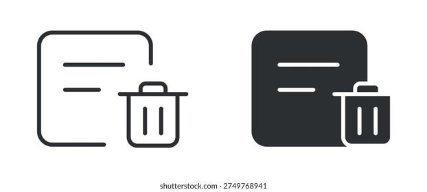 Delete document icon set, file with trash bin remove symbol, in outline and solid silhouette style. Vector illustration.