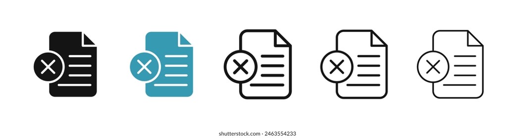 Conjunto de iconos de documento de Borrar. Eliminar o cancelar el icono de archivo de equipo No válido. Rechazar o rechazar el papel de formulario. Pictograma de contrato denegado adecuado para diseños de interfaz de usuario.