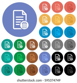 Delete document multi colored flat icons on round backgrounds. Included white, light and dark icon variations for hover and active status effects, and bonus shades on black backgounds.