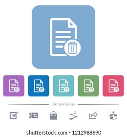Delete document white flat icons on color rounded square backgrounds. 6 bonus icons included
