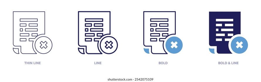 Icono de documentación del Borrar en 4 estilos diferentes. Línea delgada, línea, negrita y línea negrita. Estilo duotono. Trazo editable.