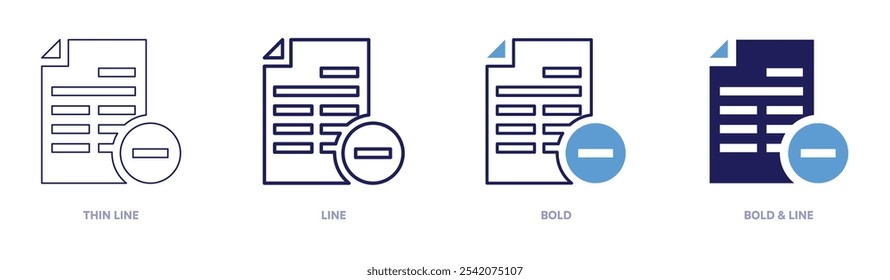 Icono de documentos de Borrar en 4 estilos diferentes. Línea delgada, línea, negrita y línea negrita. Estilo duotono. Trazo editable.