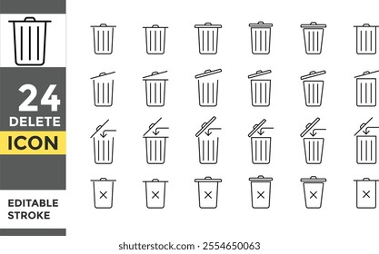 Delete Editable line stroke icon set. Waste trash bin. Pixel perfect. paper bin, trash, Rubbish sign. Trash icon sign. Garbage basket icon symbol. Recycle bin