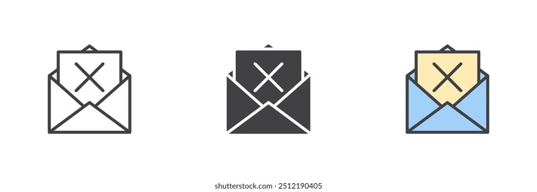 Excluir conjunto de ícones de estilo diferente de email. Linha, glifo e preenchido esboço versão colorida, contorno e sinal de vetor preenchido. Símbolo de cancelamento de email, ilustração de logotipo. Gráficos vetoriais