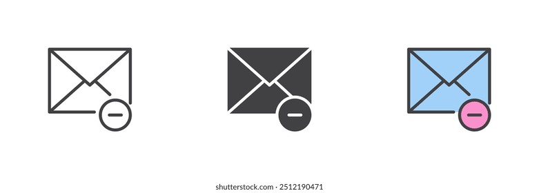 Excluir conjunto de ícones de estilo diferente de email. Linha, glifo e preenchido esboço versão colorida, contorno e sinal de vetor preenchido. Símbolo de cancelamento de mensagem, ilustração de logotipo. Gráficos vetoriais
