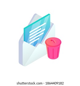 Delete email isometric icon. 3d open message with trash icon isolated. Mobile Email bin sign. Social network, sms chat, spam, mail vector symbol for web, landing, app, advert, infographic.