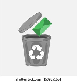 Delete email or message, trash icon and e-mail icon with green background, flat design illustration
