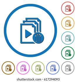 Delete entire playlist flat color vector icons with shadows in round outlines on white background