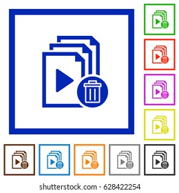 Delete entire playlist flat color icons in square frames on white background