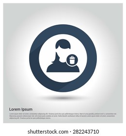 Delete Female User icon, Circle Long shadow pictogram icon on gray background.