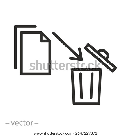 delete file and basket, information send to trash bin, delete data icon, document folder with trash can, thin line symbol on white background - editable stroke vector illustration
