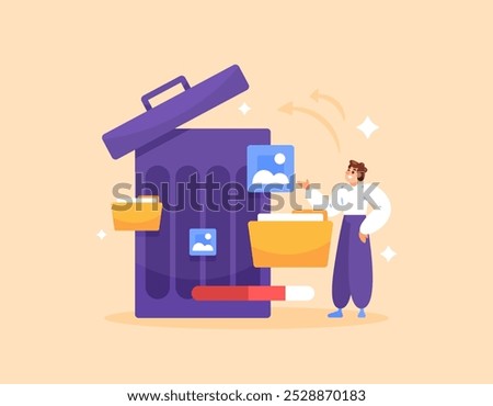 delete file concept. clean junk files, cache, images or photos, folders. remove useless data. cleaning application or software. illustration of a man next to a large trash can. flat style design