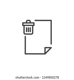 Delete file document outline icon. linear style sign for mobile concept and web design. Paper sheet with Recycle Bin simple line vector icon. Symbol, logo illustration. Pixel perfect vector graphics