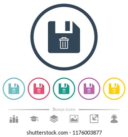 Delete file flat color icons in round outlines. 6 bonus icons included.