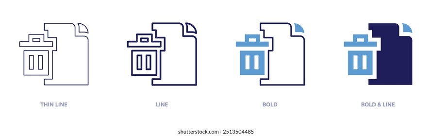 Icono de archivo Borrar en 4 estilos diferentes. Línea delgada, línea, negrita y línea negrita. Estilo duotono. Trazo editable.