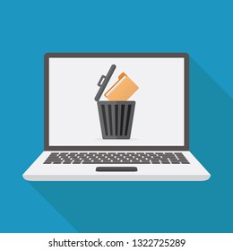 Delete file, laptop, file, trash can, flat design vector illustration