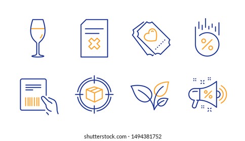 Delete file, Leaves and Parcel tracking line icons set. Parcel invoice, Love ticket and Wineglass signs. Loan percent, Sale megaphone symbols. Remove document, Grow plant. Business set. Vector