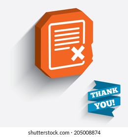 Delete file sign icon. Remove document symbol. White icon on orange 3D piece of wall. Carved in stone with long flat shadow. Vector