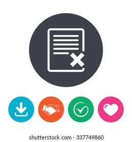 Delete file sign icon. Remove document symbol. Download arrow, handshake, tick and heart. Flat circle buttons.