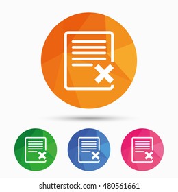 Delete file sign icon. Remove document symbol. Triangular low poly button with flat icon. Vector