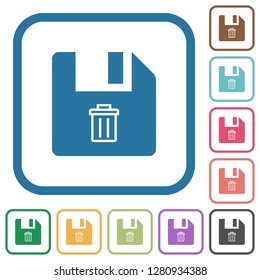 Delete file simple icons in color rounded square frames on white background