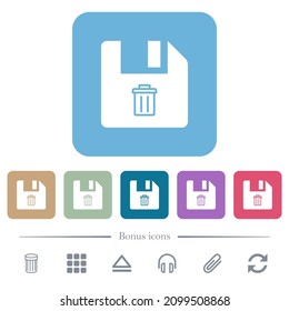 Borrar iconos planos blancos del archivo en fondos cuadrados redondeados de color. 6 iconos de bonificación incluidos