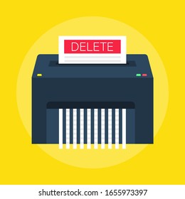 Delete Files Or Deleted Documents Process. Paper Shredder Machine. Flat Style. Vector Illustrations.