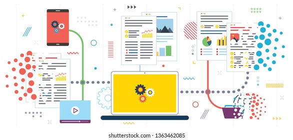 Delete files, folders, and documents from laptop, computer and smartphone. Vector internet banner with icon set of business, documents, computers and smartphone. Modern flat style design.