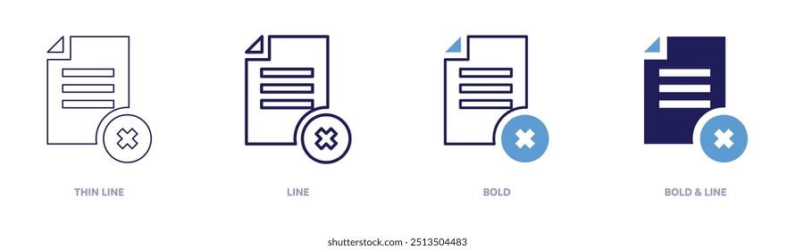 Icono de Borrar de archivos en 4 estilos diferentes. Línea delgada, línea, negrita y línea negrita. Estilo duotono. Trazo editable.