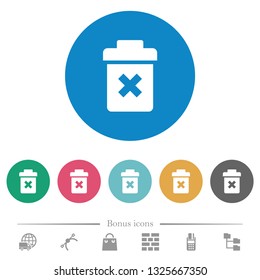 Delete flat white icons on round color backgrounds. 6 bonus icons included.