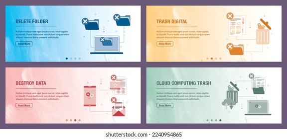 Delete folder, trash digital, destroy data and cloud computing trash. Web banners template with flat design icons in vector illustration.