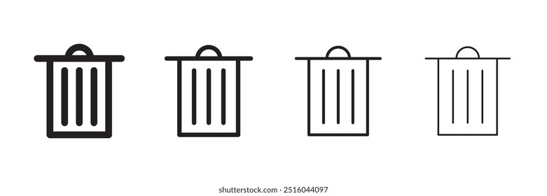Delete garbage bin isolated black illustration set for User Interface button. Vector icons in flat style